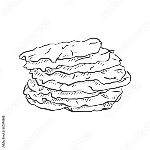 A line drawn illustration of Indian Poppadoms. Hand drawn stack of Indian cuisine, created on Procreate with an apple pencil. 