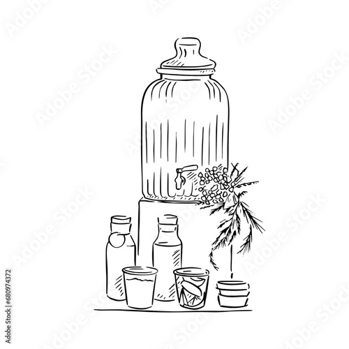 A wedding drinks station for those who wish for non alcoholic drinks. Hand drawn selection of glasses and foliage.