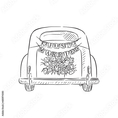 A line drawn illustration of a wedding car with a 'just married' bunting banner on the back. Hand drawn.