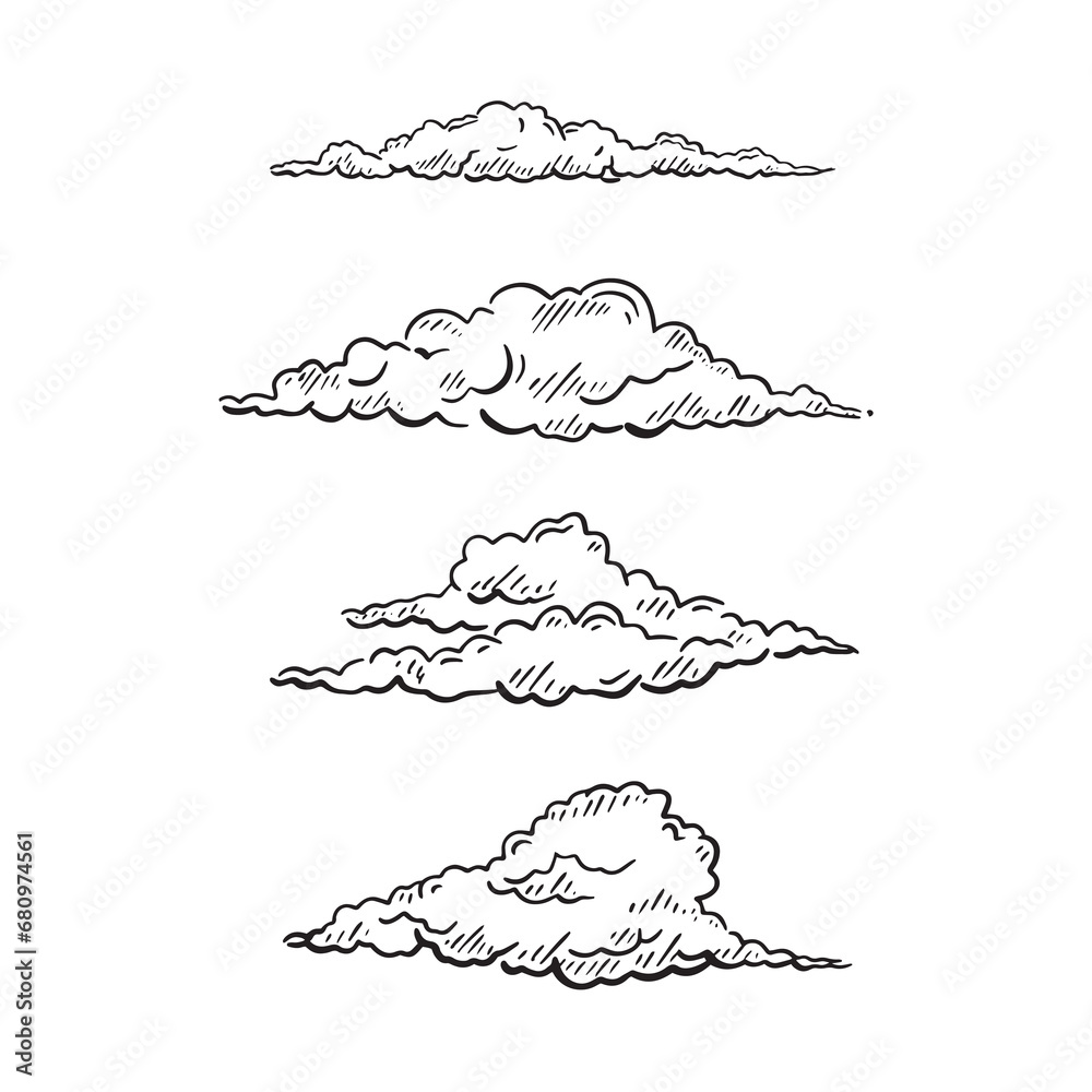 Four line drawn clouds in black and white. Drawn by hand in a sketchy style. Bundle of four. 