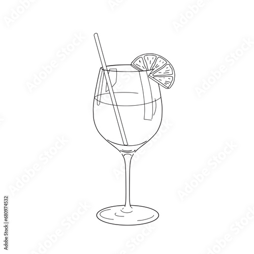 A line drawn illustration of an Aperol Spritz, created by hand in a simple style. 