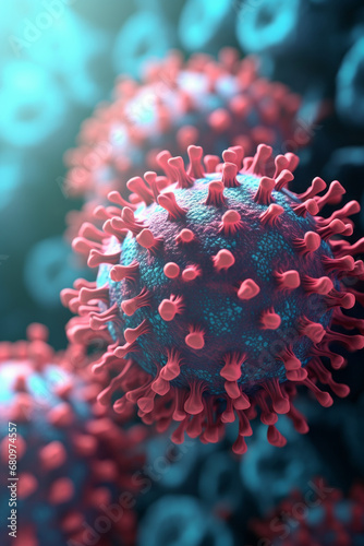 Coronavirus 3D image stock illustration, presenting the style of caffenol developing, selective focus, light cyan, navy, vray tracing, precise hyperrealism, and close-up perspective. photo