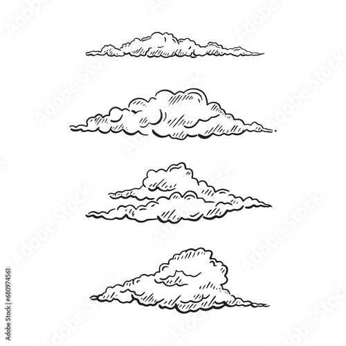 Four line drawn clouds in black and white. Drawn by hand in a sketchy style. Bundle of four. 