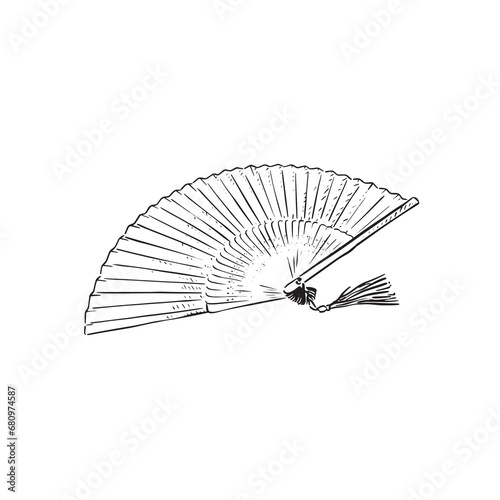 A line drawn sketch of a fan in black with shading