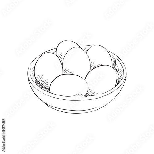 A bowl of eggs. Line drawn sketch of six eggs in a small bowl. The perfect vector for use at Easter. Drawn by hand on Procreate using an Apple Pencil.