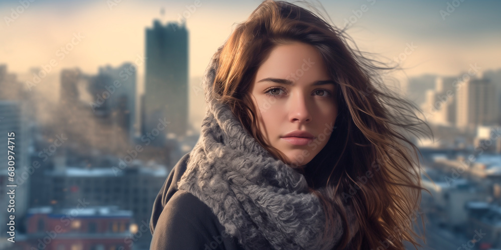 Portrait of a Beautiful Argentina Woman with a Background of a City in Winter - obrazy, fototapety, plakaty 