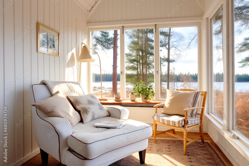 A sun-drenched cozy relaxation area with a comfortable soft armchair with cushions and a picturesque view of the lake through large windows. Eco wooden interior design