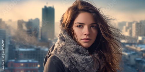 Portrait of a Beautiful Argentina Woman with a Background of a City in Winter photo