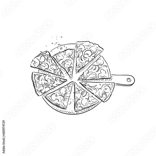 A line drawn illustration of a pizza, cut into slices on a wooden board. Hand drawn in black and white and created on Procreate using an Apple Pencil. 