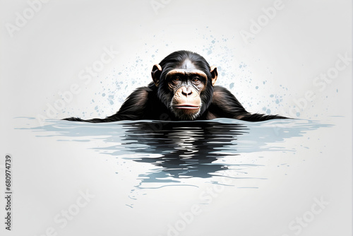 In the inky blackness of space, the silhouette of a lonely chimpanzee floating, graphic t-shirt vector, contour, white border background.