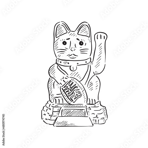 A line drawn illustration of a classic Japanese trinket; the Lucky Cat. Hand drawn on Procreate using an Apple Pencil and featuring line shading in black and white.