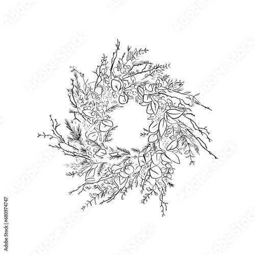 A line drawn wild Christmas wreath in black and white. Hand drawn featuring berries and fur tree elements.