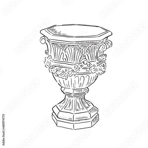 A line drawn illustration of a classic vintage garden urn. Hand drawn.