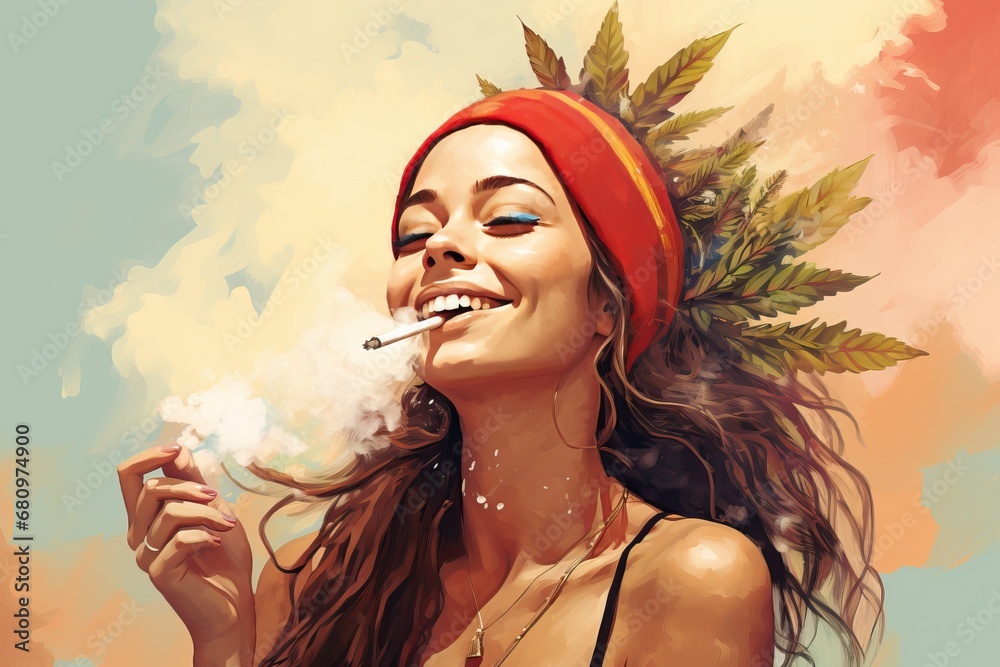 A smiling girl smokes a joint of marijuana, weed inhaling - obrazy, fototapety, plakaty 