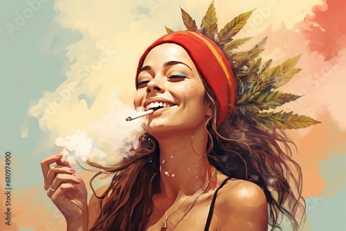 A smiling girl smokes a joint of marijuana, weed inhaling photo