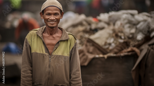 Elderly Man Smiling in Landfill Site with Piles of Waste in Indonesia © AI-Universe