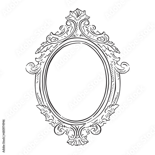 A line drawn illustration of an ornate vintage frame from the 1800's. Mirror or picture frame. 