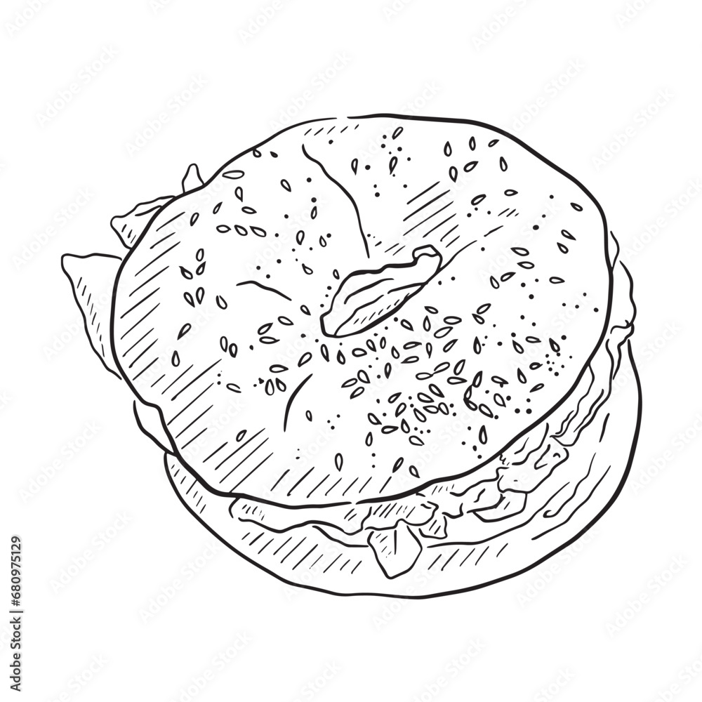 A filled bagel illustration created by hand and shaded using lines
