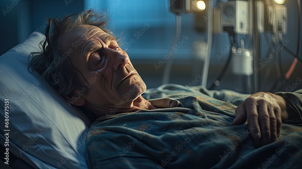 An elderly patient rests on a bed in a hospital ward. Generative Ai.