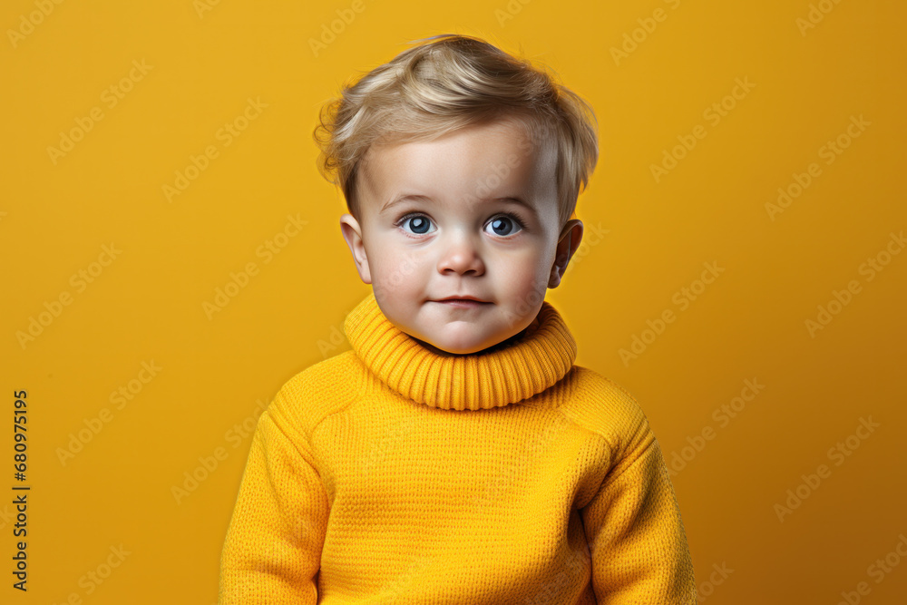 Photo of little child wavy hairstyle look side empty space wear white shirt isolated yelllow color background Photo of little child wavy hairstyle look side empty space wear white shirt isolated yelllow color background