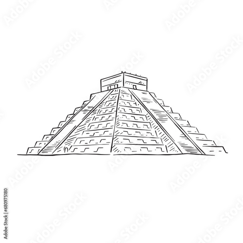 A line drawn illustration of famous Mexican monument Chichen Itza, built by the Maya people of the Terminal Classic period. Found in Tinum, Mexico.
