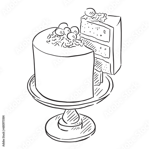 A line drawing of an Easter cake on a cake stand with a slice being lifted from the stand. 