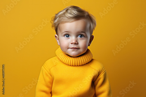 Photo of little child wavy hairstyle look side empty space wear white shirt isolated yelllow color background