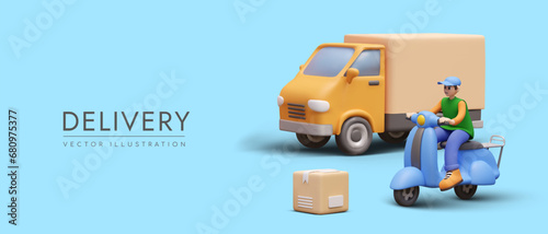 Poster with realistic yellow truck for cargo transportation. Young male riding scooter, delivering parcel. Placard with place for text and blue background. Vector illustration in 3D style