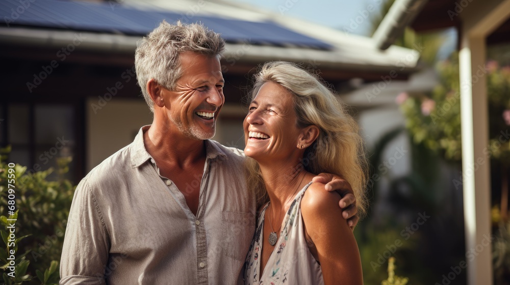 A couple is in front of a home that has solar panels installed. Generative Ai.