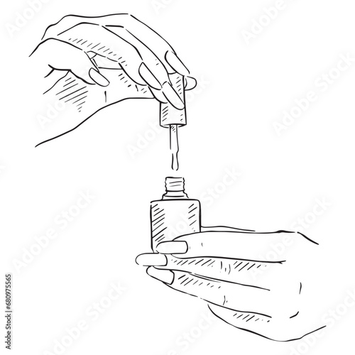 Nail Varnish image. Line drawn with a bottle of nail polish in one hand and brush in the other. Held artistically. Perfect for beauty salon decor and printable artwork. 