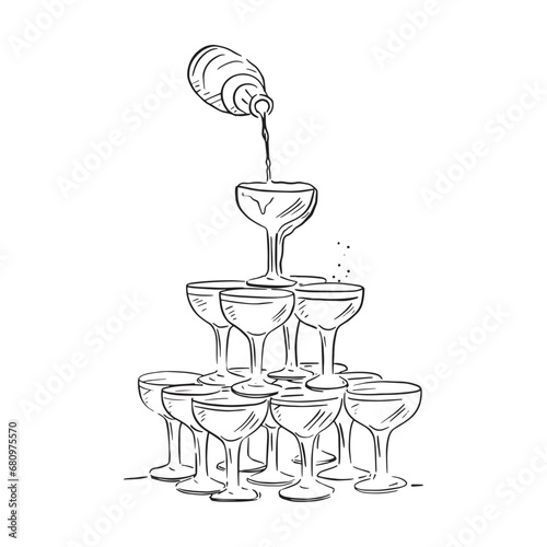 A single illustration of a champagne tower. The perfect vector to use for wedding stationery and signage, blog design or another celebratory piece.
