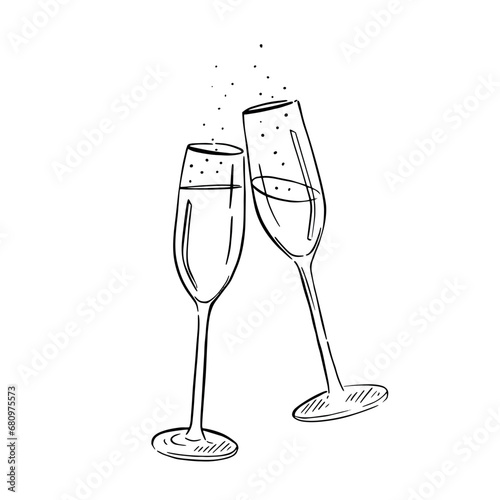 Illustration of clinking champagne glasses. Line drawn illustration, taking inspiration from weddings, events and celebrations. Cheers.