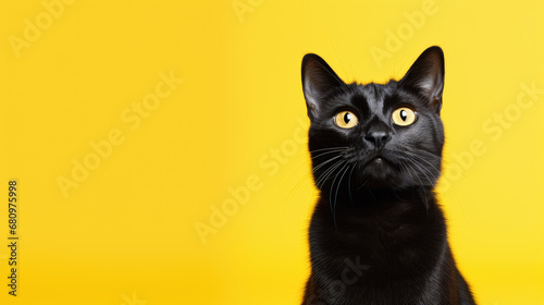 Portrait Photo of a Cat Against Bright Yellow Background with Copyspace