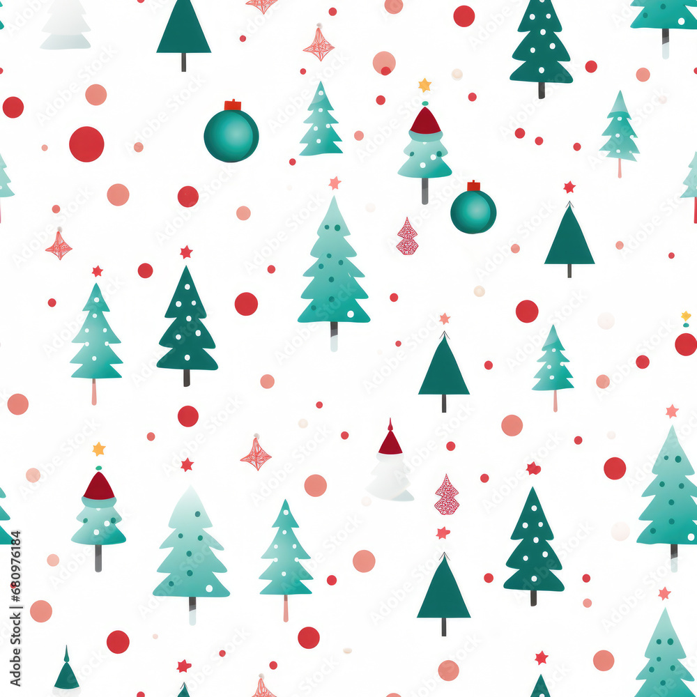 Holiday trees and ornaments on white. The concept is festive pattern design.