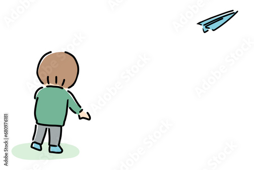 紙飛行機を飛ばす少年のイラスト