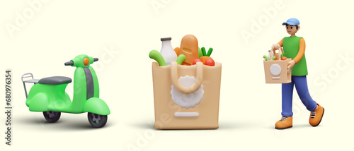 Green scooter, grocery shopping bag, man with paper package. Isolated illustrations for website design, courier services application. Home delivery of online orders