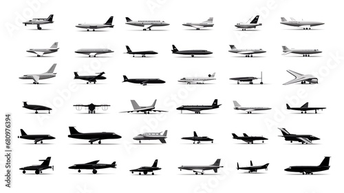aircrafts icon set. jets and planes silhouette on solid background.