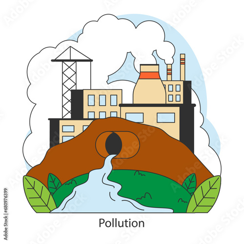 Pollution. Human influence on nature, water contamination. Industrial site spills waste into pristine waters. Environmental degradation. Flat vector illustration.