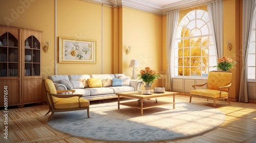 Capture the warmth of a modern living space featuring yellow wall accents, stylish decor, and the play of natural light through large windows generated by AI