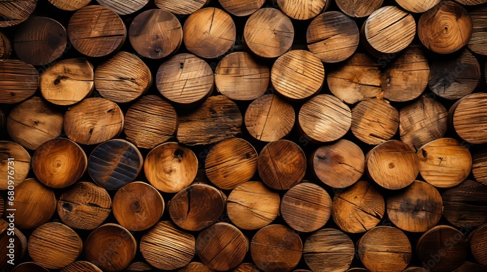 Background of stacked brown wooden wine or beer barr Background of stacked brown wooden wine or beer barr
