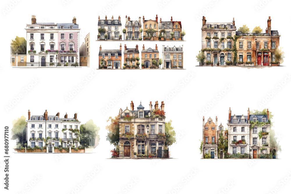 Classic British Town House watercolor clipart Botanical house