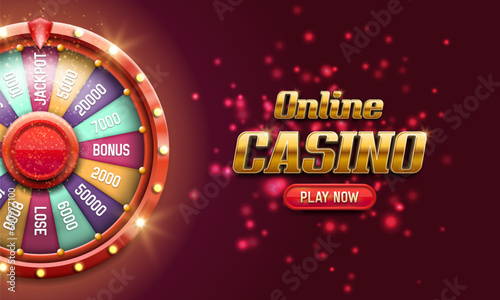 Wheel of fortune. Banner Online Casino with spinning lucky roulette on a bright glowing background. Vector illustration.