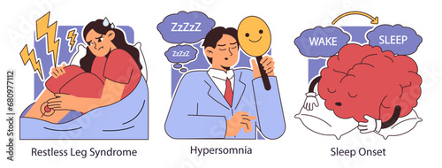 Insomnia set. Diverse characters suffering from sleep deprivation. Sleep and mental disorder. Sleep hygiene and stages. Circadian rhythm maintaining. Flat vector illustration.
