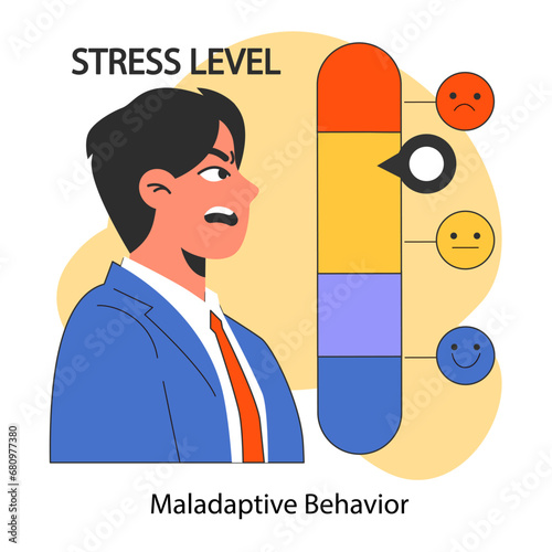 Maladaptive behavior. Neurosis, chronic stress and anxiety mental disorder. Angry furious cursing man expressing negative emotions., Flat vector illustration