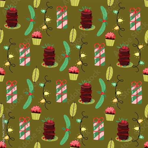 Christmas and Happy New Year seamless pattern with Christmas toys, gifts and sweets. Trendy retro style. 
