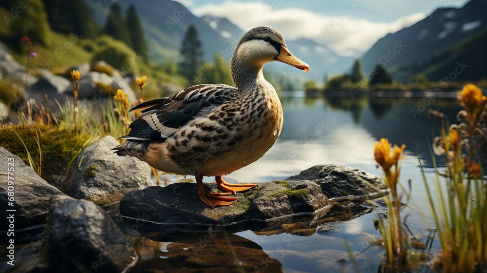 A male wild duck standing on a rock A male wild duck standing on a rock