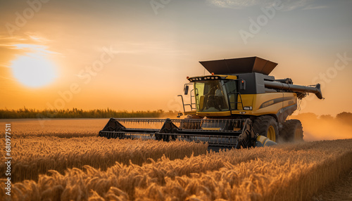 Combine Harvester Working in Wheat Field photo