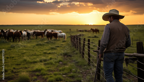 Cowboy Overlooking Herd at Dusk
