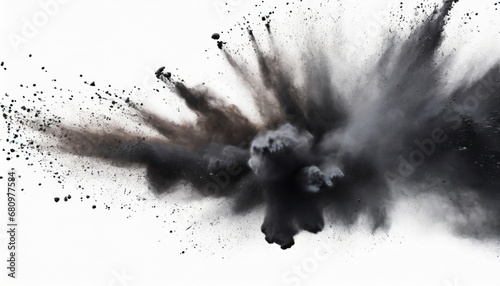 closeup of black dust particles explode isolated on white background
