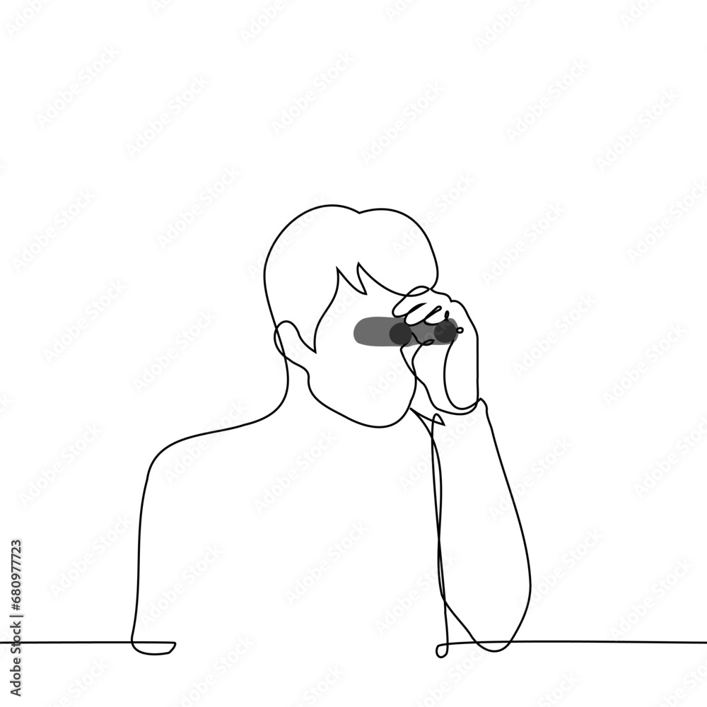 man looking through binoculars - one line art vector. concept look into the future, vision, look into the distance man looking through binoculars - one line art vector. concept look into the future, vision, look into the distance
